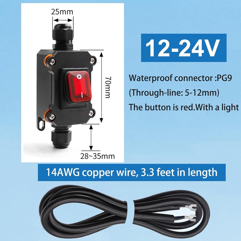 Tevacohn IP67 Waterproof Inline Cord Switch 12V-24V, ON/Off DC Power Switch with Red LED Light, 4-Pin DPST Rocker Switch with 14AWG Wire for Automotive, Marine, Outdoor, RV, Boats, Solar (with Copper Wire) - Image 4